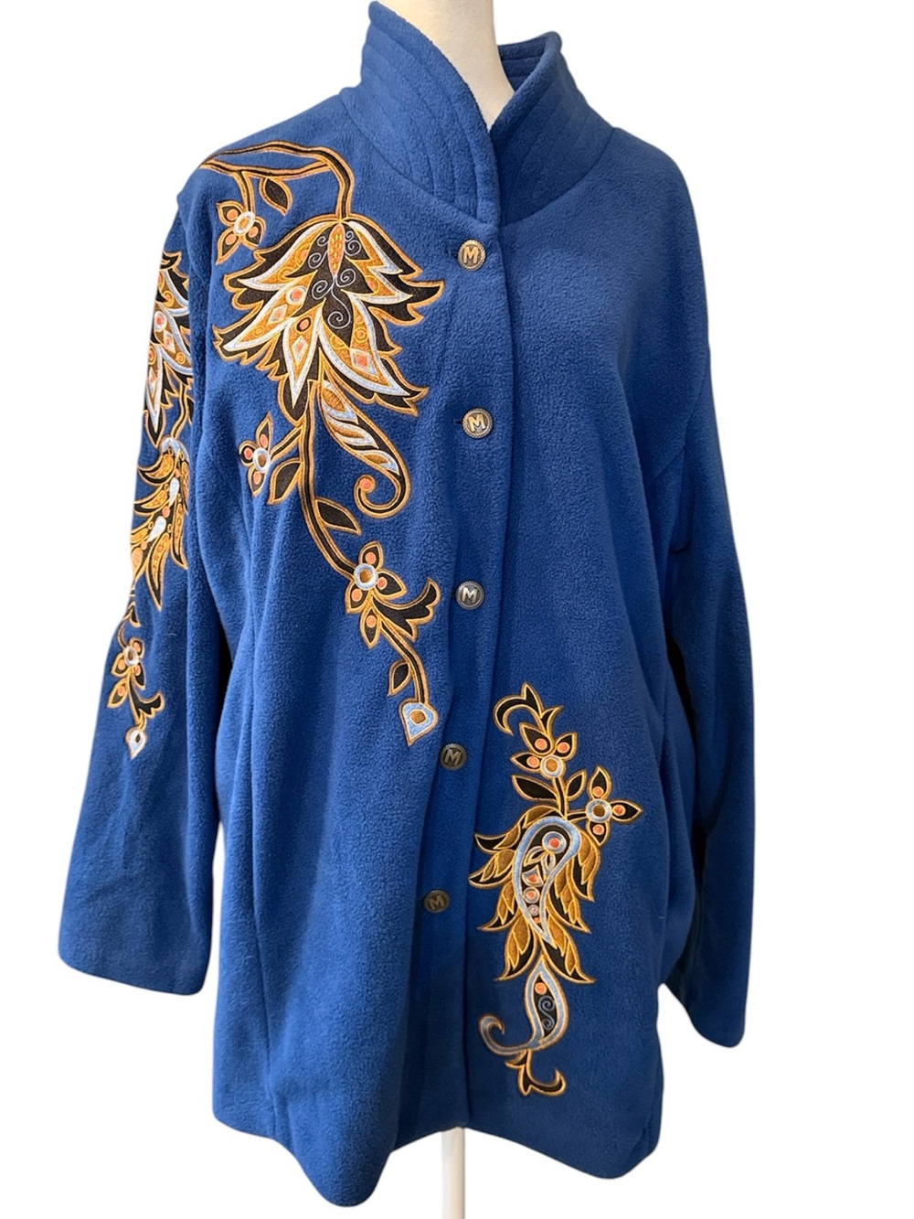 Beau Monde Wearable Art Blue Fleece Embroidered Paisley Jacket L VTG Statement